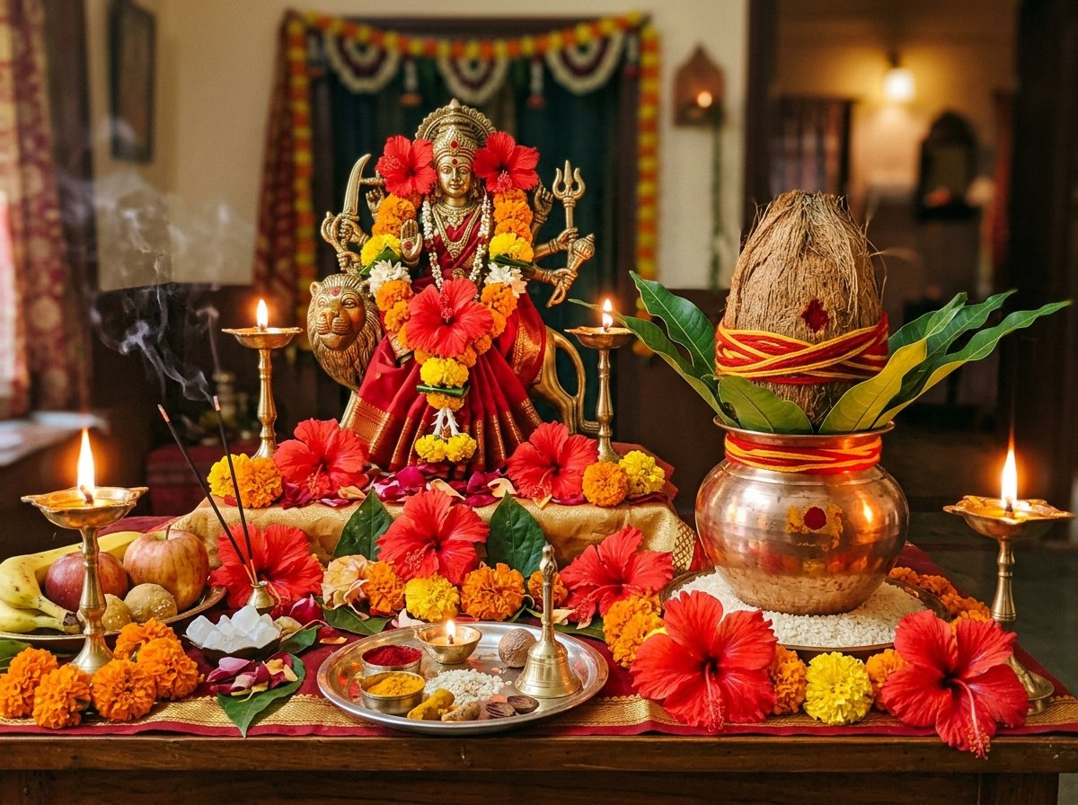 Sacred Navratri Durga Puja altar and devotional offerings at Sandipani Gurukul