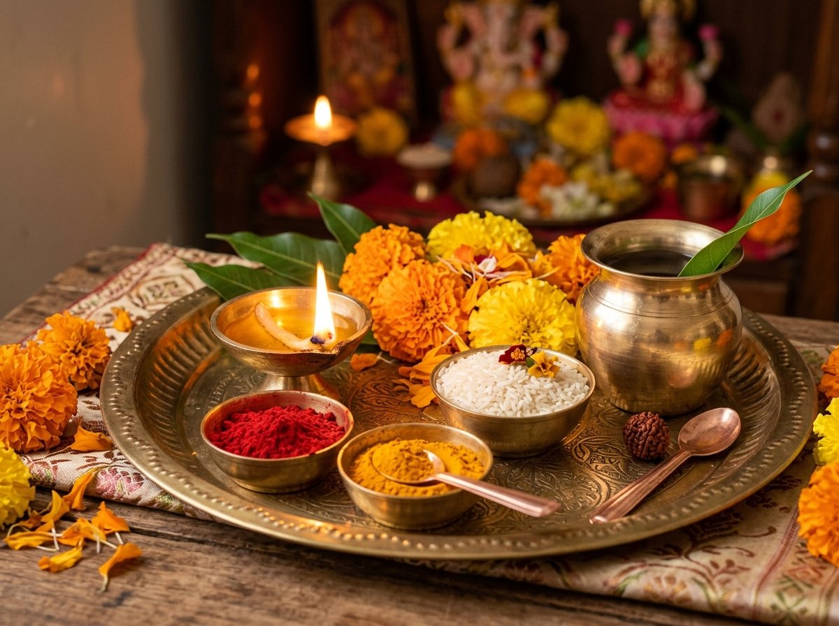 Traditional brass puja thali with glowing ghee diya