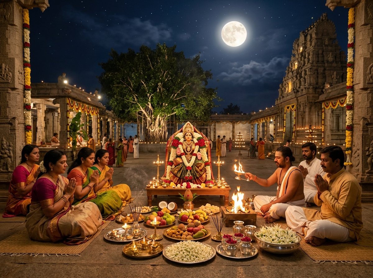 Sacred Sharad Puja devotional worship under autumn moonlit sky at Sandipani Gurukul