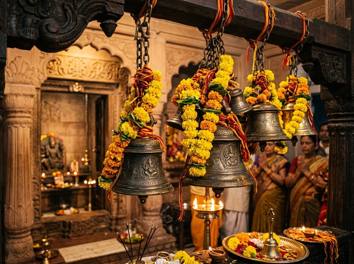 Traditional brass temple bells with marigold garlands